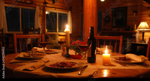 Background Having a romantic dinner with a loved one in a cozy cabin in the woods.