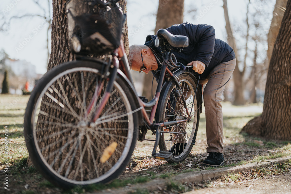 Senior man checking bicycle tire in park - everyday active lifestyle concept.