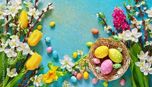 easter eggs and flowers in the garden, wallpaper perfectly set for springtime celebrations. Adorned with vibrant flowers 