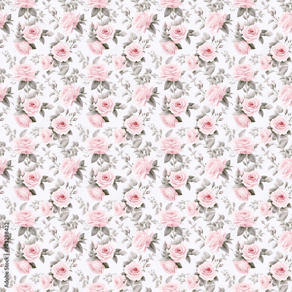 A delicate and romantic pattern of pink roses. ideal for wallpapers, fabrics, wrapping papers, and more