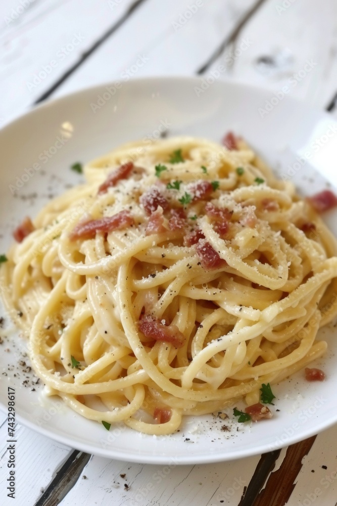 pasta alla carbonara on a white wooden tabletop
