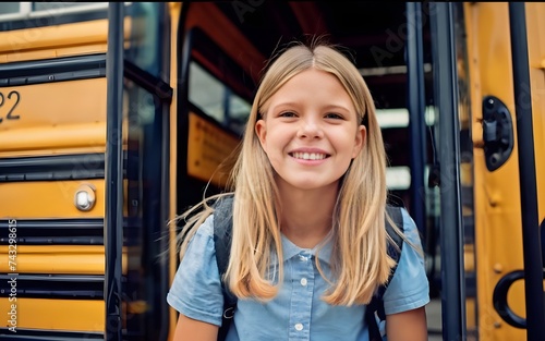 close up of a girl smiling, blue eyes, gold blonde hair, standing out of the school bus, back to school concept.