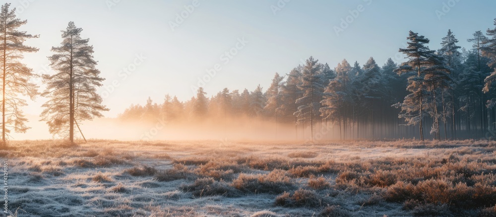 A cold winter morning blankets a frosty field with tall trees in the background. The fog creates a serene atmosphere as it covers the forest and field.