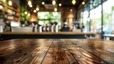 Empty beautiful wood table top counter and blur bokeh modern coffee interior background in clean and bright,Banner, Ready for product montage - generative ai