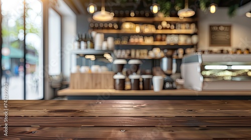 Empty beautiful wood table top counter and blur bokeh modern coffee interior background in clean and bright Banner  Ready for product montage - generative ai
