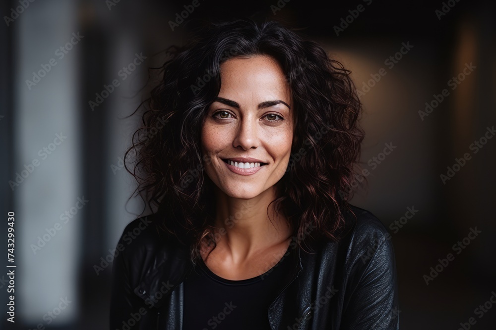 Portrait of a beautiful young woman with curly hair smiling at the camera Portrait of a beautiful young woman with curly hair smiling at the camera