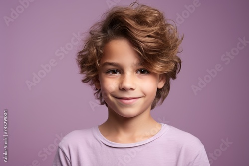 Portrait of a cute little girl with curly hair on a purple background