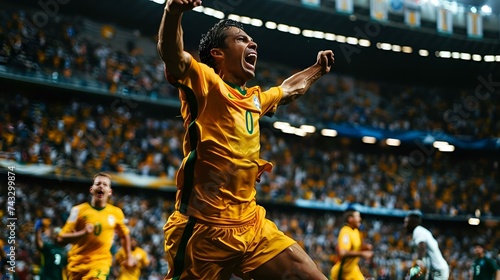 A photo of a sweaty soccer player jumping and roaring after scoring the winning goal in the World Cup finals.