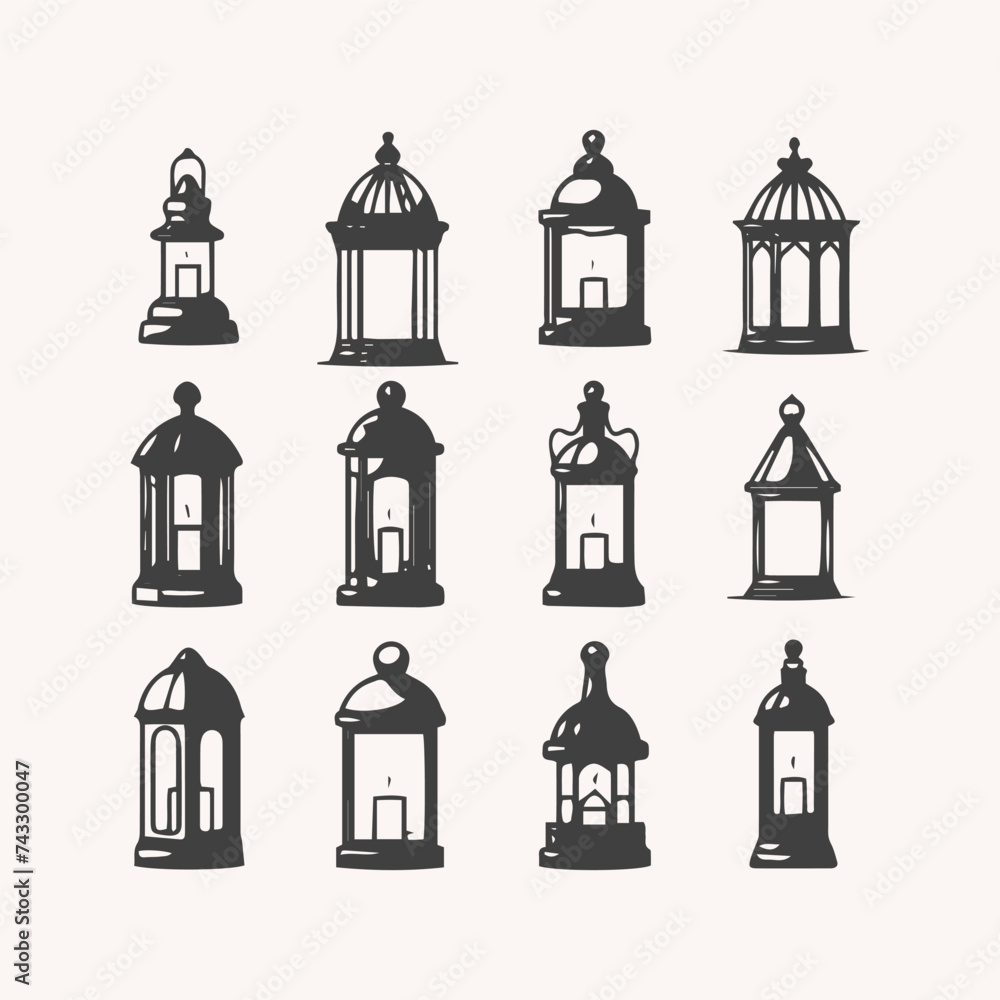 Lantern icon collection set. Arab vintage silhouette antique kerosene hanging lamp for muslim ramadan karem or Eid Mubarak design. isolated middle east old gas vector silhouettes set