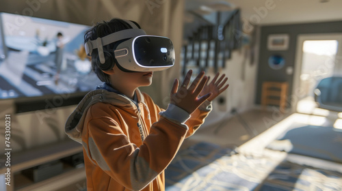 A person with autism using VR technology to practice empathy and perspectivetaking by embodying different virtual characters and responding to different social and emotional photo