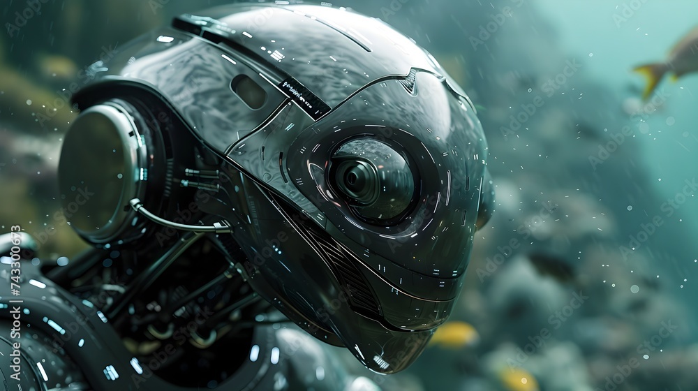 Futuristic Robot Living in the Ocean Depicted in a Detailed Portraiture Futuristic Robot Living in the Ocean Depicted in a Detailed Portraiture