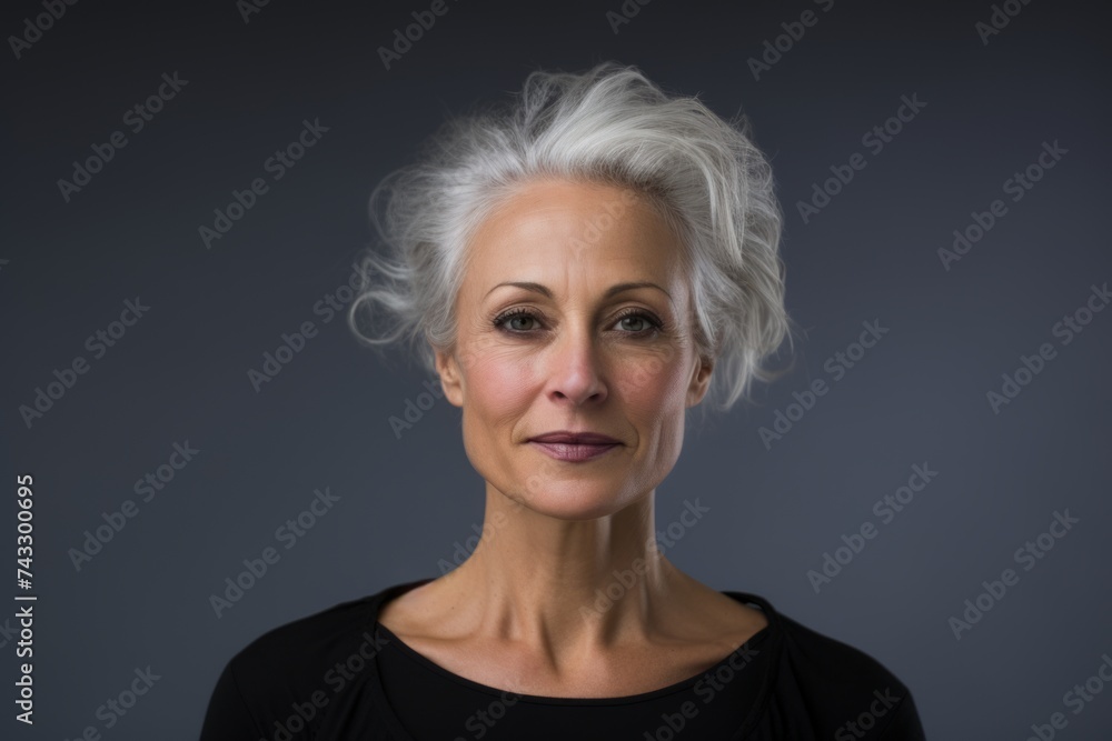 Portrait of a beautiful senior woman with grey hair against a grey background
