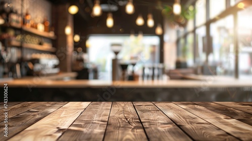 Empty beautiful wood table top counter and blur bokeh modern coffee interior background in clean and bright,Banner, Ready for product montage - generative ai © Nia™