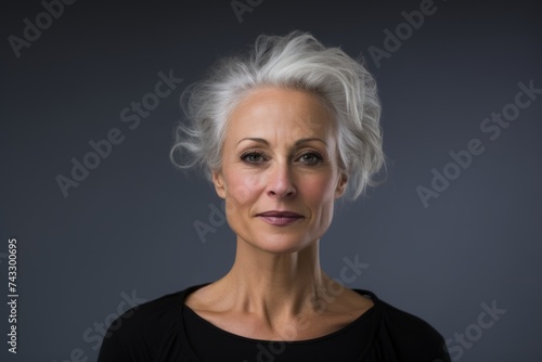 Portrait of a beautiful senior woman with grey hair against a grey background