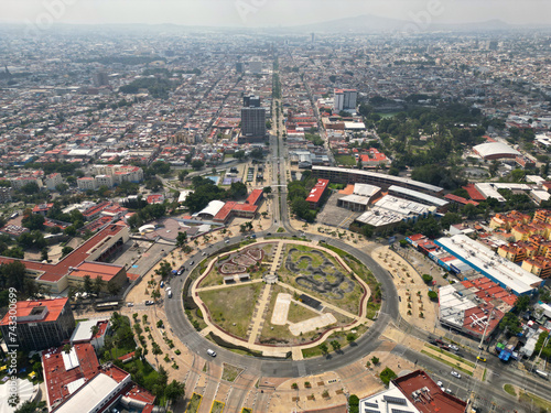 Skybound Vantage: High Altitude Drone View of La Normal Roundabout in Downtown Guadalajara Mexico