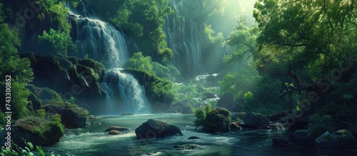 A painting depicting a powerful waterfall cascading down rocks in the midst of a lush forest. The water flows vigorously, creating a mesmerizing display of natures beauty and raw power.