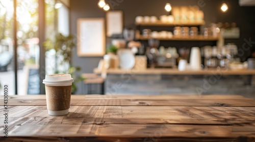 Empty beautiful wood table top counter and blur bokeh modern coffee interior background in clean and bright Banner  Ready for product montage - generative ai