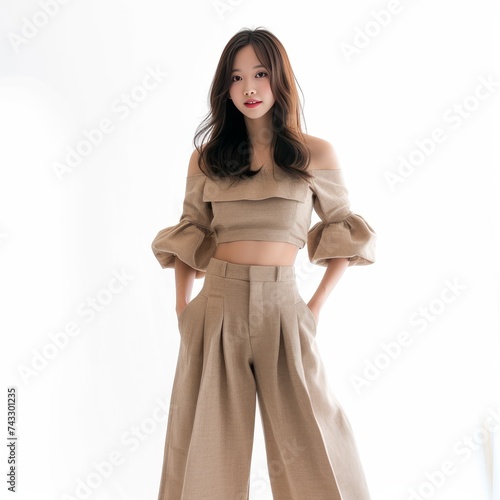 Pretty Young Chinese Woman in Off-the-Shoulder Blouse and Wide-Leg Pants photo on white isolated background © Aditya