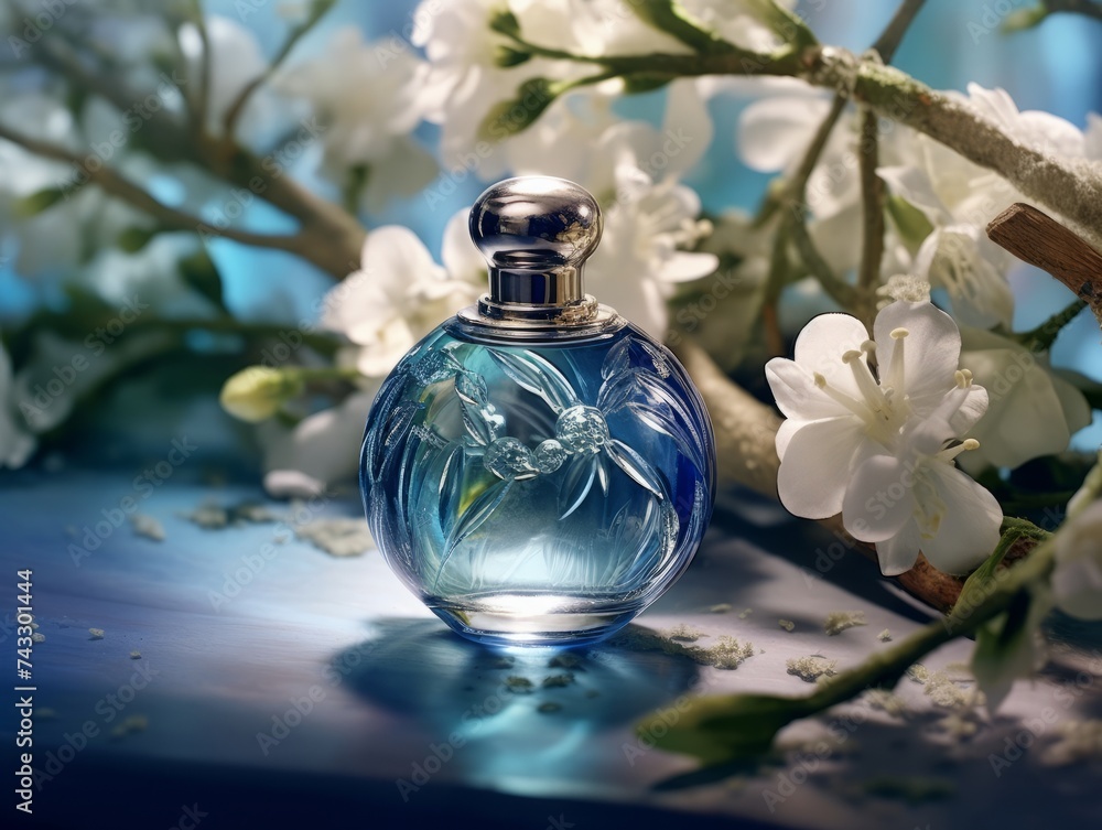 A perfume bottle on a beige background with a central big empty space, surrounded by pastel-colored flowers. This serene floral theme, Generative AI technology, A perfume bottle on a beige background with a central big empty space, surrounded by pastel-colored flowers. This serene floral theme, Generative AI technology,