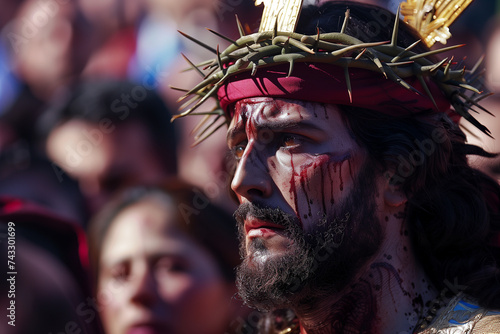 Jesus Christ with crown of thorns, blood on his face, giving his life for us