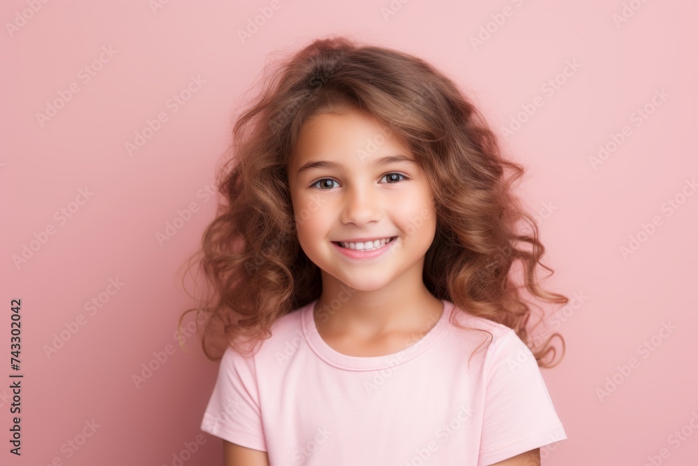 Portrait of a cute little girl with long curly hair on a pink background Portrait of a cute little girl with long curly hair on a pink background