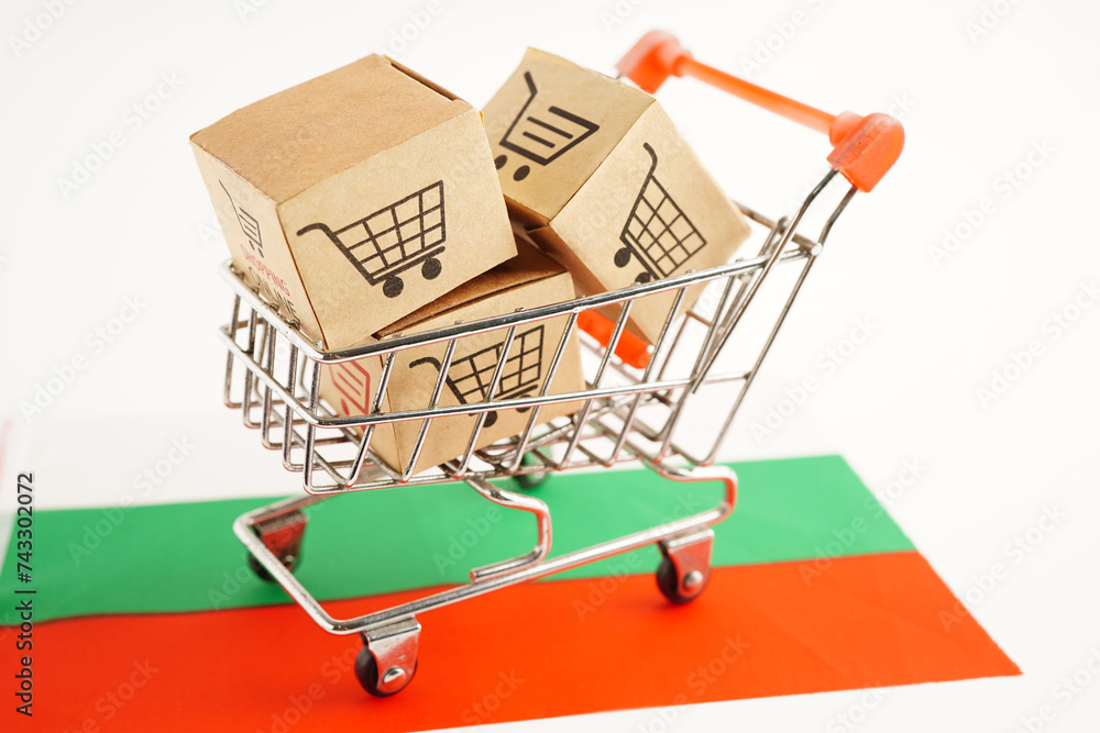 Online shopping, Shopping cart box on Bangladesh flag, import export, finance commerce.