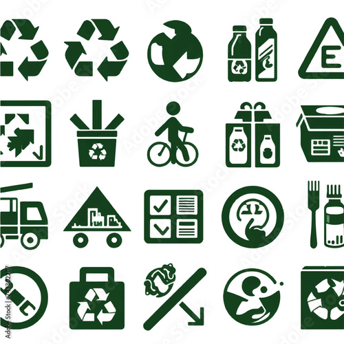 Set of logo green eco packaging. Vector flat icon illustration of recycle mark. Collection green symbols. Recycle and some packaging sign