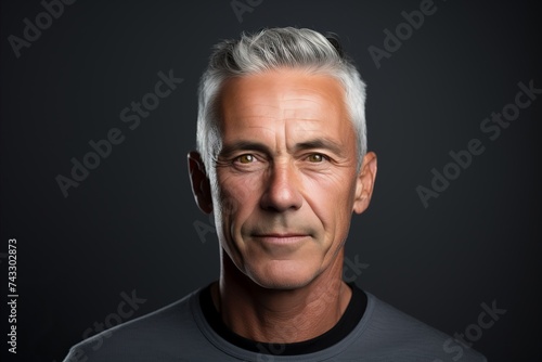 Portrait of a handsome mature man with grey hair against black background