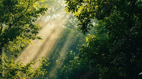 Sunbeams shining through the trees in the forest. Generative AI.