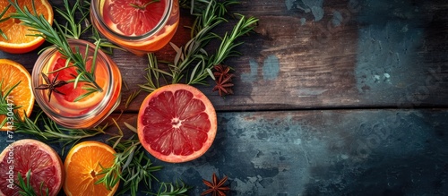 A wooden table displaying a garnish of grapefruit slices, blood oranges, and sprigs of rosemary, positioned on the left side. The arrangement creates a visually appealing and fresh look.