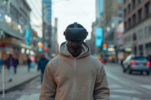 Person with VR headset on urban street