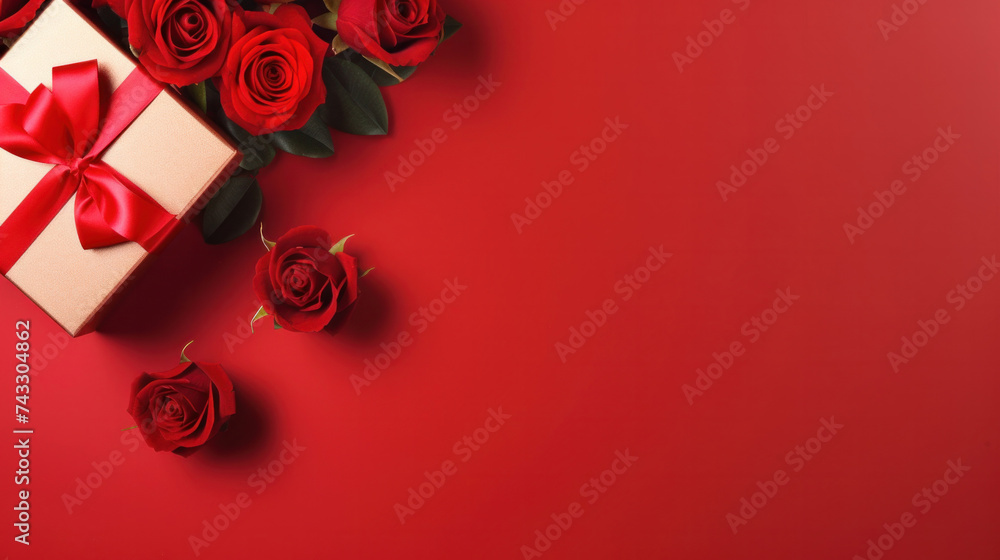 Beautiful gift box and roses on red background, flat lay with space for text. Valentine's day. Top view Beautiful gift box and roses on red background, flat lay with space for text. Valentine's day. Top view