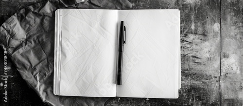 A black and white photograph showing a notebook opened on a table with a pen placed on top. The notebook appears to have lines and is partially filled with handwritten notes.