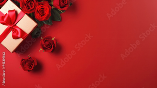 Beautiful gift box and roses on red background, flat lay with space for text. Valentine's day. Top view