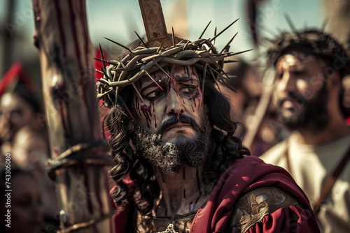 Jesus carrying the cross, with a crown of thorns on his head, suffering for the salvation of man