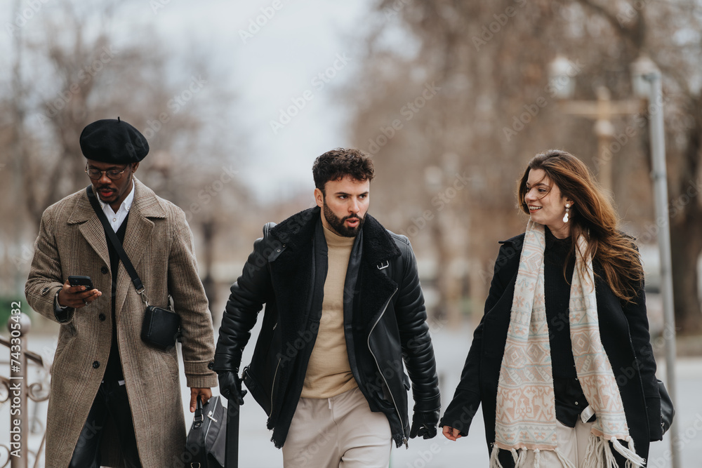 Fashionably dressed friends enjoy a leisurely walk down a city path in the cool weather, exuding a sense of camaraderie and urban lifestyle. Fashionably dressed friends enjoy a leisurely walk down a city path in the cool weather, exuding a sense of camaraderie and urban lifestyle.
