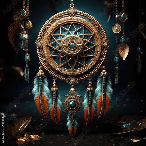 A magical dream catcher with flowers, clear beads and feathers for peaceful dreams. Theme of magic and witchcraft. © Boomanoid