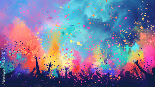 Revelers throw bright colored powders into the air during Holi festival celebrations, crowd of celebrating people. Background, backdrop, wallpaper. Copy space. photo