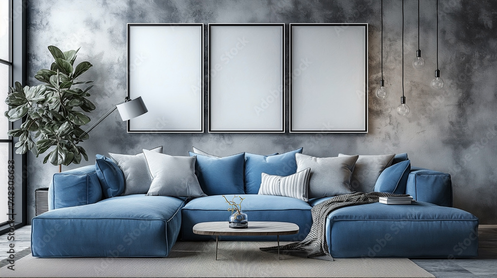 Modern living room with couch and frame mock up wall background. Generative AI Modern living room with couch and frame mock up wall background. Generative AI