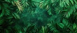 Lush and vibrant palm tree leaves in a rich shade of green fill the frame, creating a detailed and textured background.