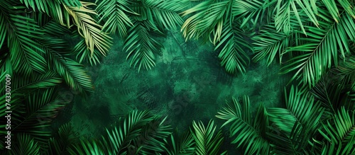 Lush and vibrant palm tree leaves in a rich shade of green fill the frame, creating a detailed and textured background. photo