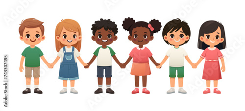 Vector cartoon style illustration. Kids holding hands together. Different races. Happy children smiling. 