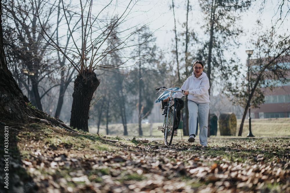 A smiling woman in casual attire walking alongside her bicycle in a peaceful park, radiating joy and tranquility amidst nature. A smiling woman in casual attire walking alongside her bicycle in a peaceful park, radiating joy and tranquility amidst nature.