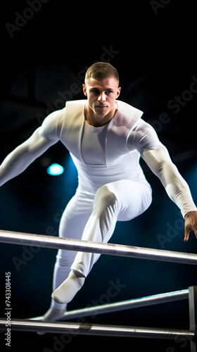 Gymnast Performing an Intricate Routine on Parallel Bars During a Competition