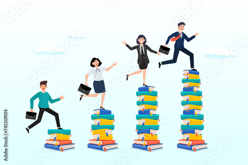 People running on growth book stack to achieve goal, knowledge or education to help business success, wisdom or learning to help employee achieve goal, training or education course (Vector)