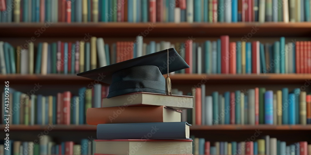 Graduation cap on stack of books in front of library Graduation cap on stack of books in front of library
