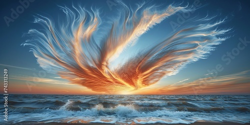 Phoenix Rising from Ocean Waves, Fiery Sky Phenomenon, Inspiring Natural Imagery for Fantasy Art and Mythological Themes #743313249