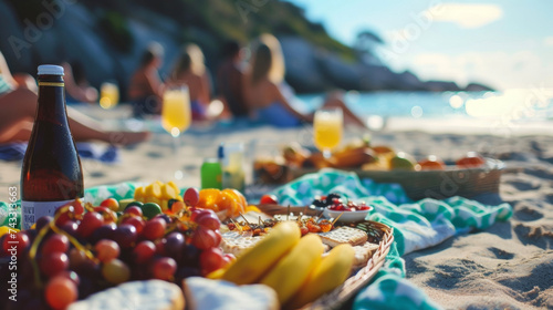 Background Gathering with friends on a sandy beach enjoying a picnic spread filled with fresh fruit cheese and cold drinks.