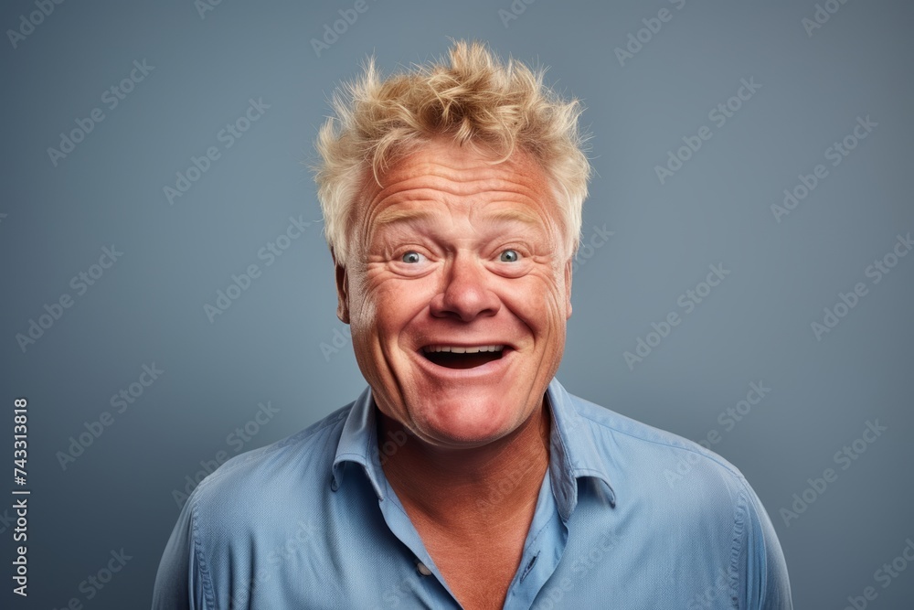 Portrait of a funny senior man with blond hair over grey background Portrait of a funny senior man with blond hair over grey background