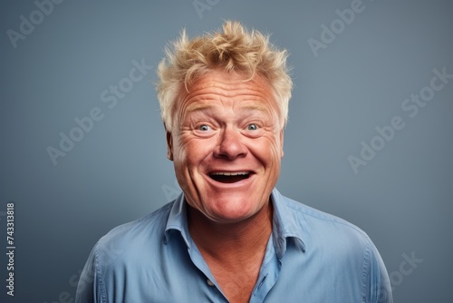 Portrait of a funny senior man with blond hair over grey background © Chacmool